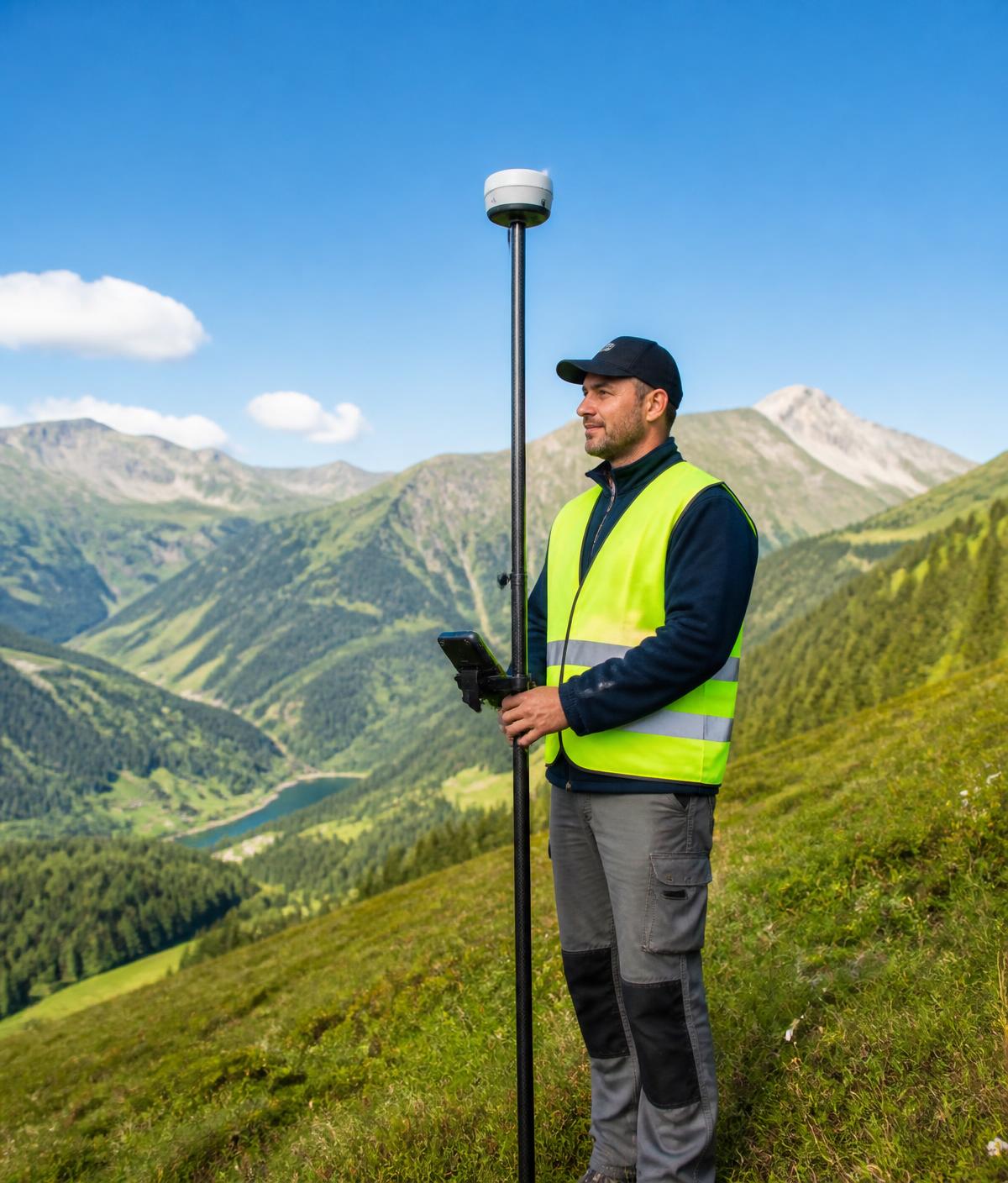 Geodeta wykonujący pomiar odbiornikiem GNSS w terenie